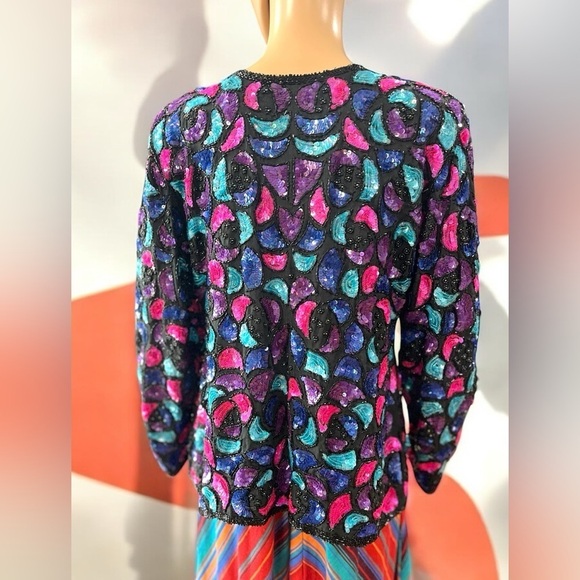VTG Jean for Joseph Le Bon Sequin Jacket Sz LG Multicolor shapes 100% Silk Pads - Picture 6 of 9
